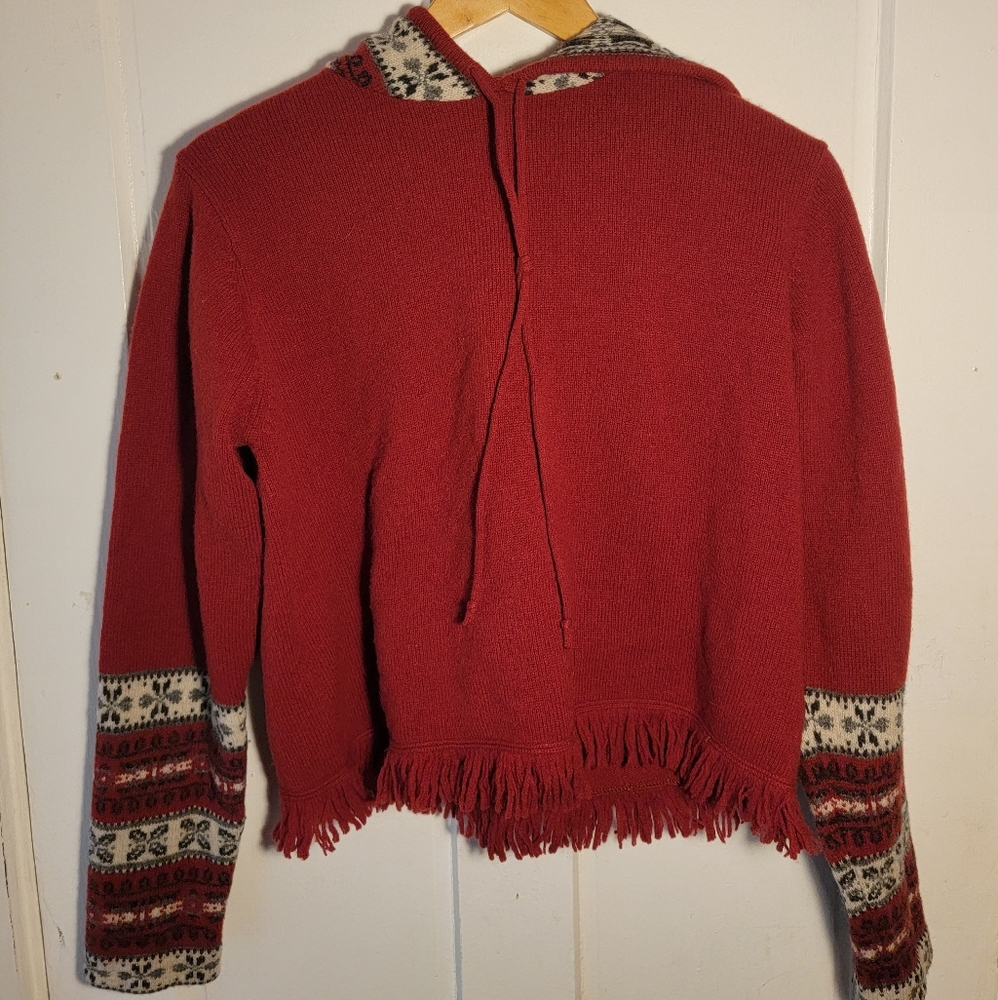 Eddie Bauer Red Fringe 100% Wool Cartigan Pom Hood